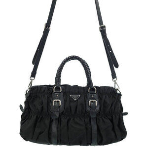 Prada Tessuto Gaufre satchel gathered nylon braided leather handles Black